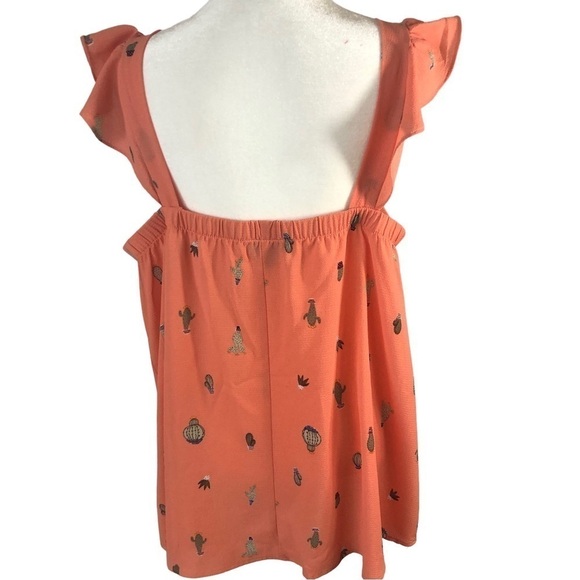 Torrid Popover Top Women 1 Orange with Green Cacti Graphics  Ruffle on Straps - Picture 5 of 9